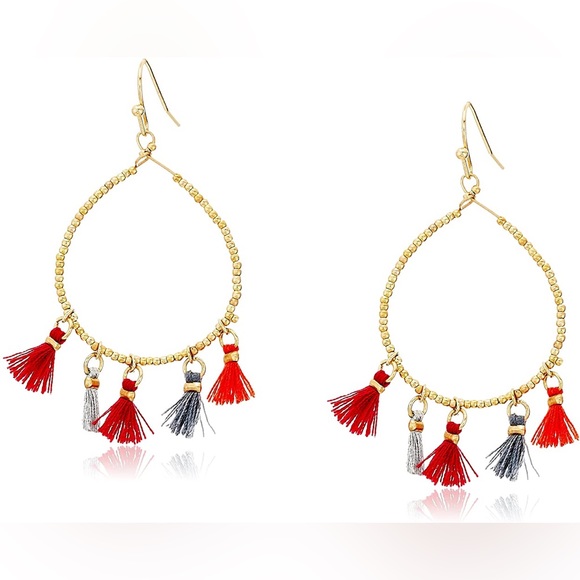 Boho Gold Beaded Hoop Drop Statement Earrings Red & Grey Fringe Tassels - Picture 8 of 11
